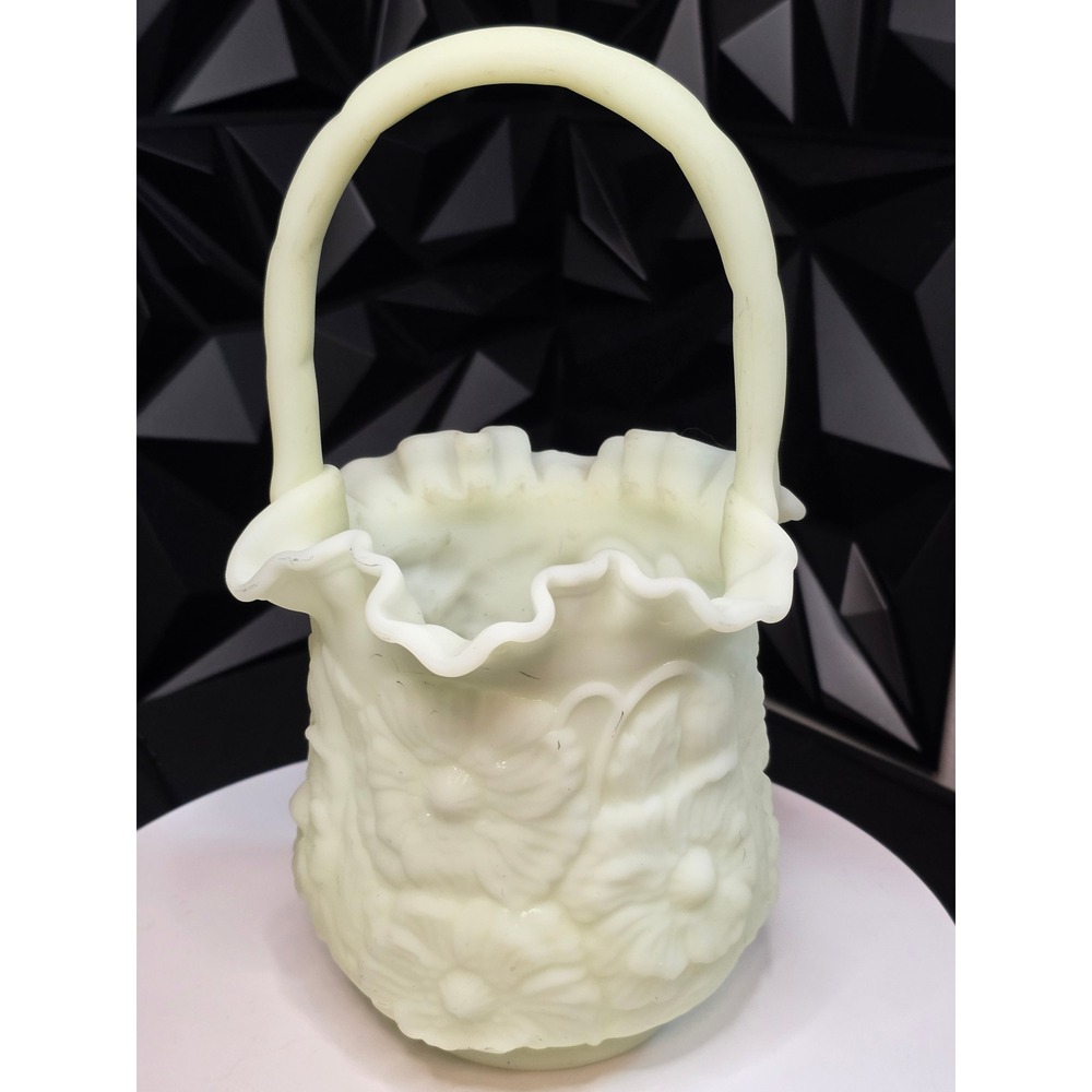 Fenton Custard Glass Poppy Family Basket Ruffled Edge Vintage Art Glass Yellow